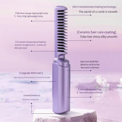 Wireless Rechargeable Travel Hair Straightener Comb