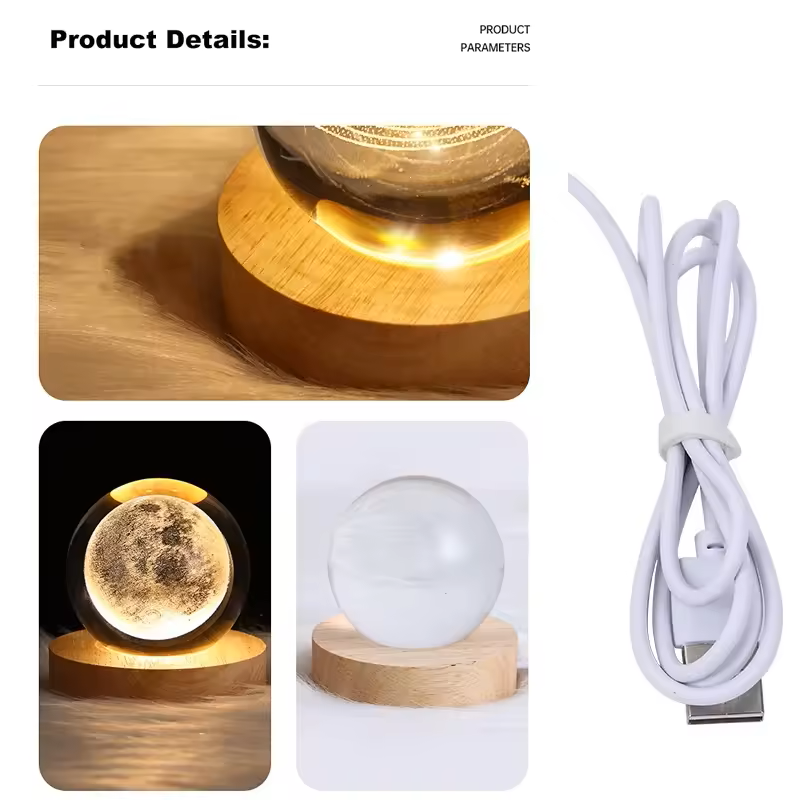 3D Crystal Ball LED Lamp with Engraved Solar System and Wooden Base